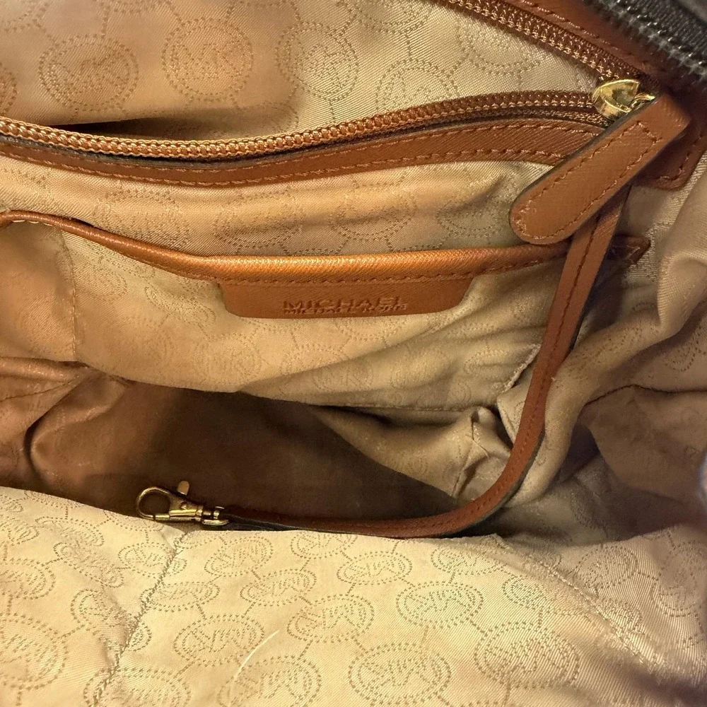 Michael Kors Tote Bag Womens Medium Black Nylon Leather Brown Trim Zip Pockets